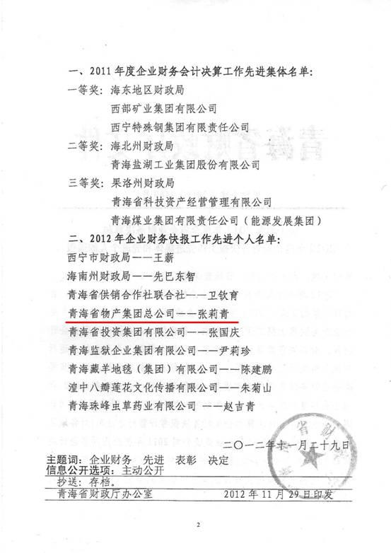 物產集團榮獲2011年度財務決算先進單位、2012年度財務快報工作先進個人表彰